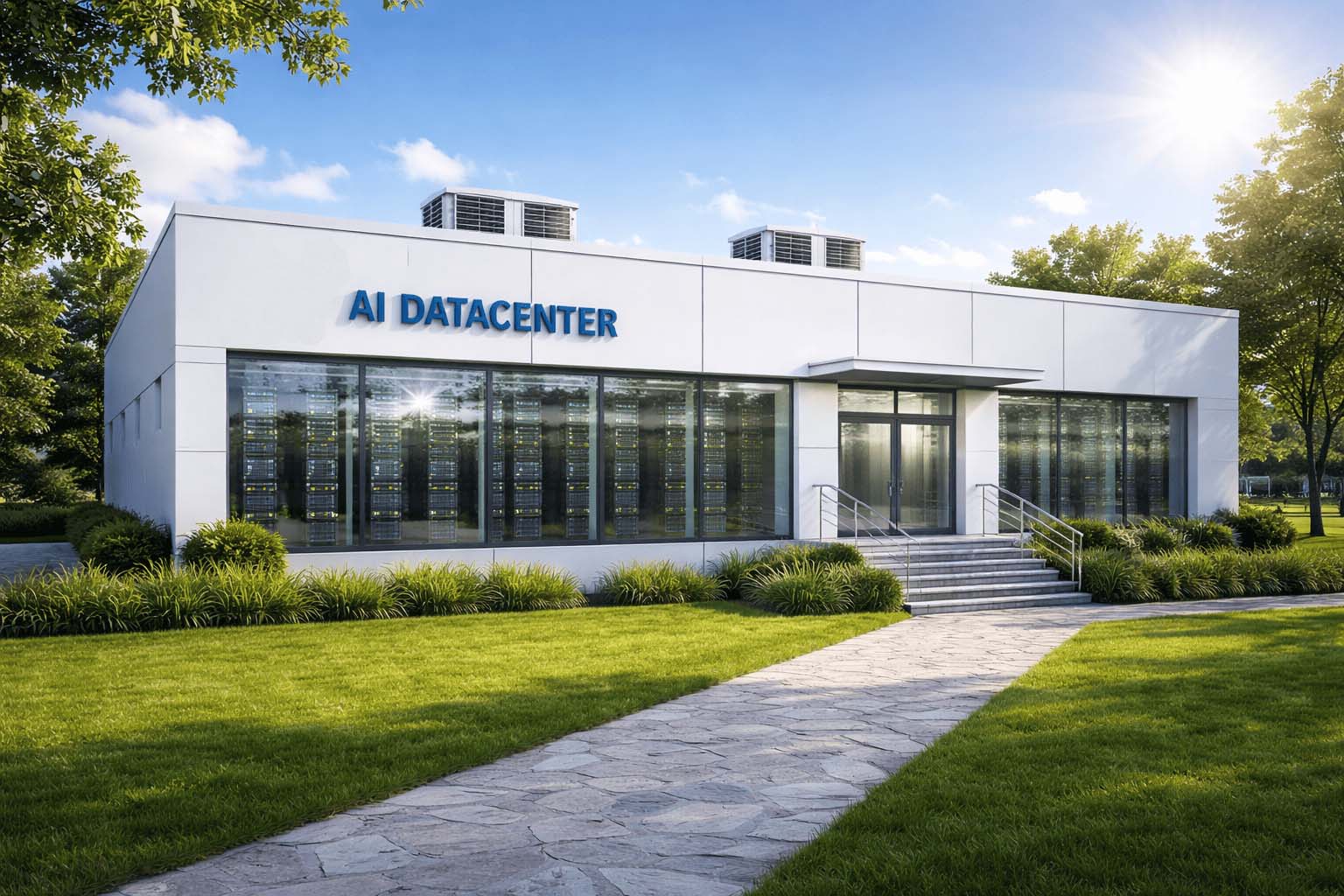 KI Rechenzentrum in der Natur mit Beschriftung AI Datacenter