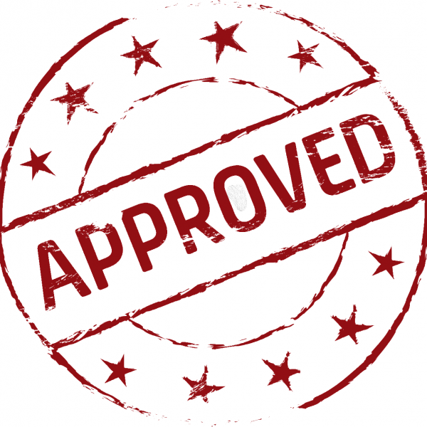 Rotes Symbol mit Sternchen und der Aufschrift "Approved"