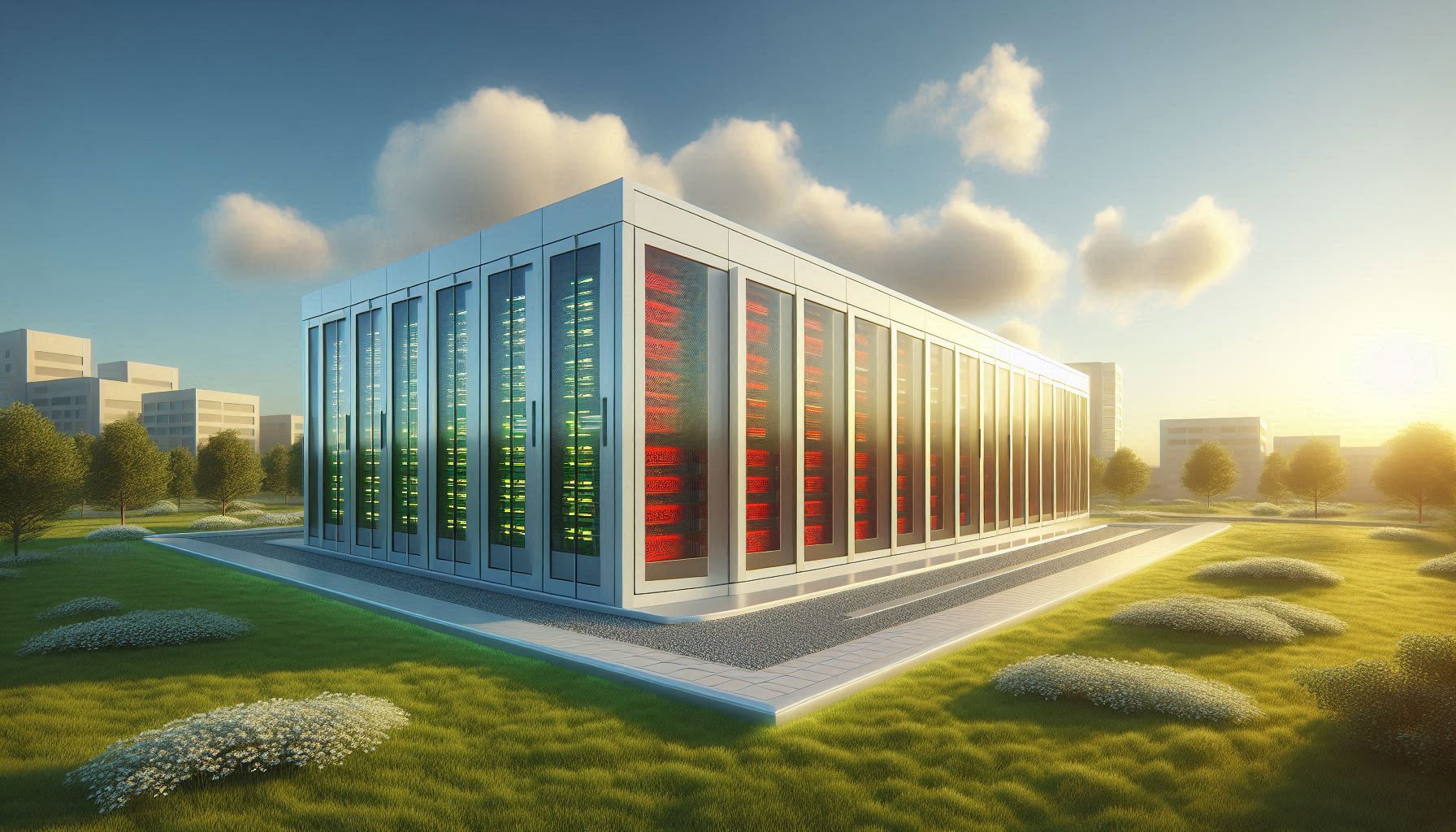 Vorteile der Colocation Ansicht eines Colocation-Rechenzentrums auf einer grünen Wiese