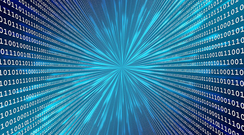 Server Housing als Unterstützung beim Unternehmenswachstum Digitale Illustration einer binären Explosion im Universum, die Nullen und Einsen darstellt, die durch den Raum fliegen.