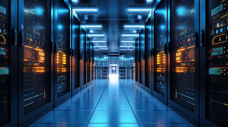 Blick auf einen gut organisierten Serverraum mit leistungsstarken Computern und IT-Geräten in einem professionellen Umfeld.