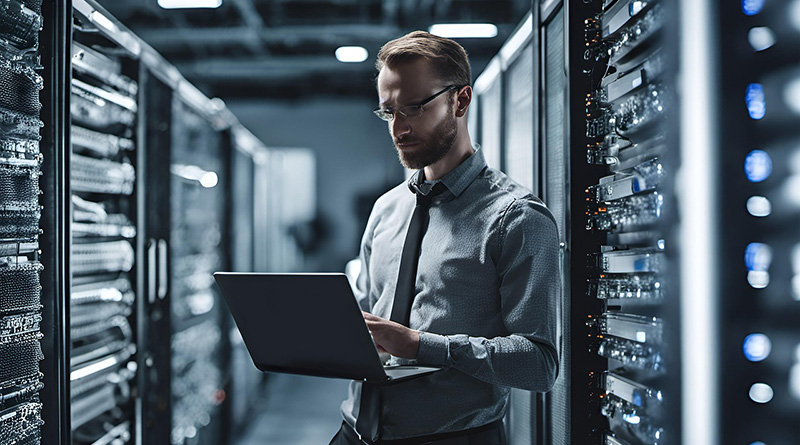 Server Hosting Mann mit Notebook steht in einem Serverraum mit leistungsstarken Computern und IT-Geräten