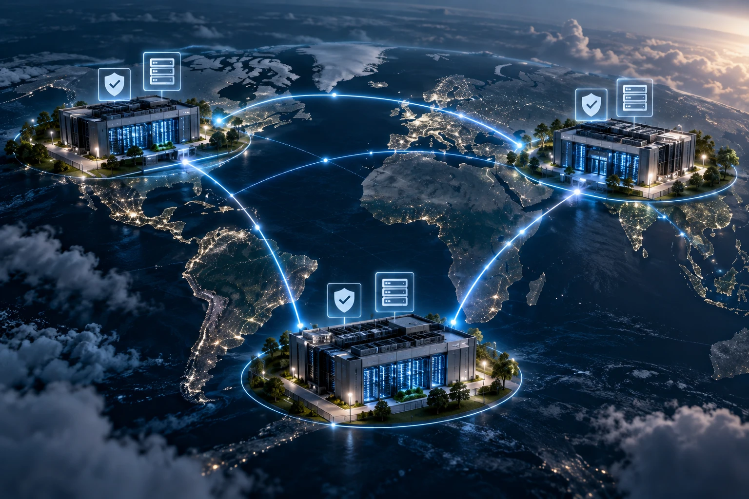 Georedundante Rechenzentren an verschiedenen Standorten mit weltweit vernetzter und redundant ausgelegter IT-Infrastruktur
