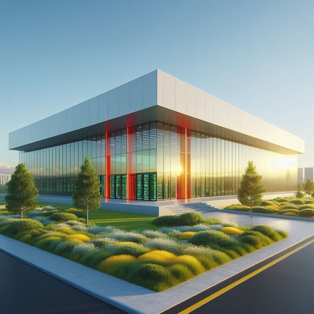 Hosting und Domains Bild von einem Rechenzentrum mit Glasfassade in der Natur