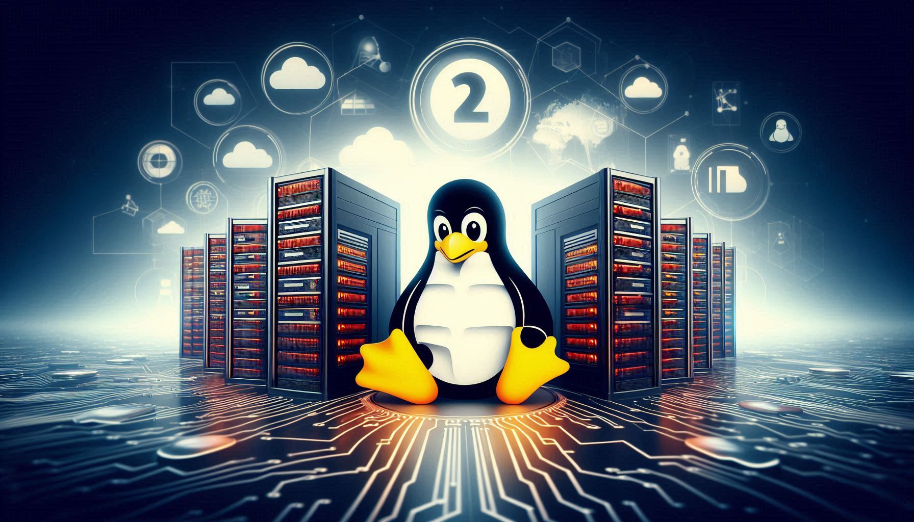 Illustration eines Linux Server Hostings mit Pinguin