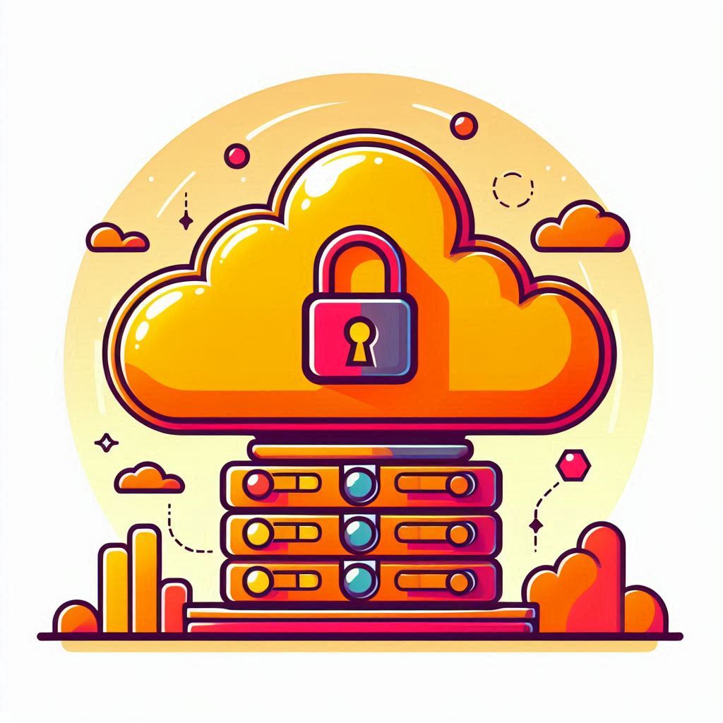 Private Cloud Orangene Cloud mit einem Schloss in der Mitte
