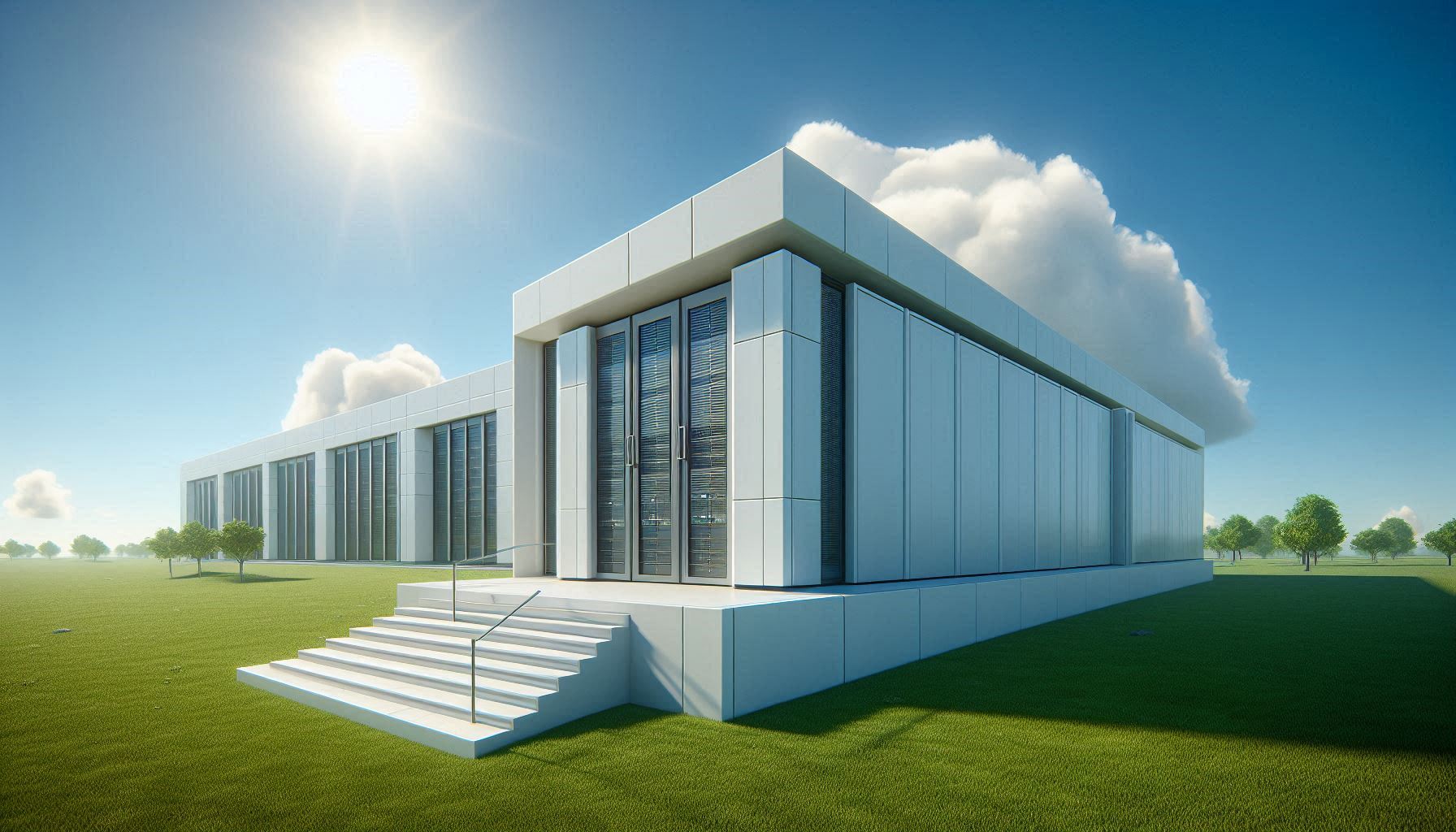 Rechenzentrum Karlsruhe Weißes Rechenzentrum Karlsruhe auf einer grünen Wiese