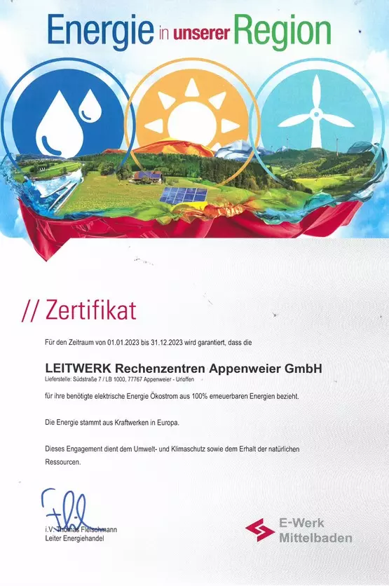 Energie Zertifikat Zertifikat: 100% erneuerbare Energien der LEITWERK Rechenzentren
