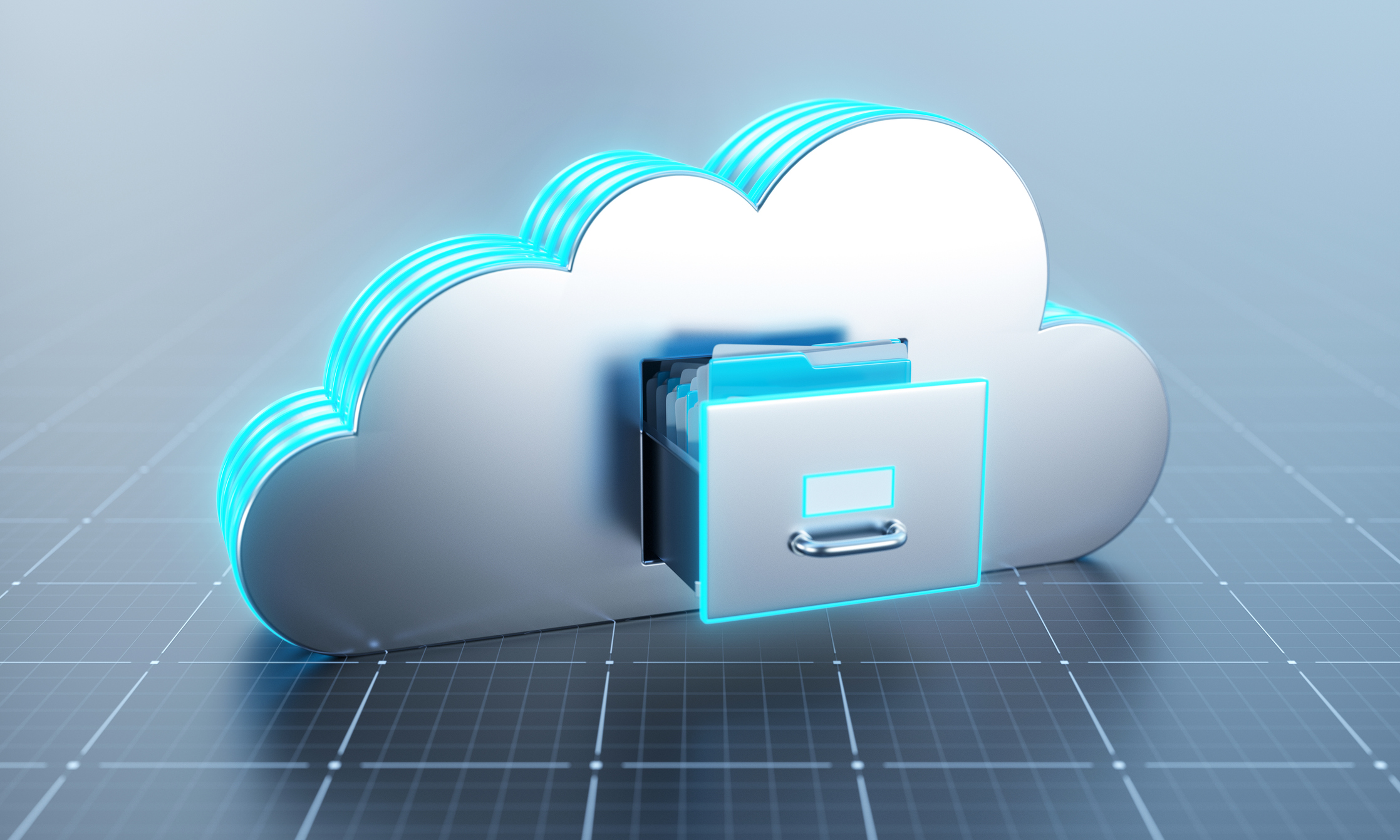 Backup as a Service Cloud Blau leuchtende Wolke mit geöffneter Aktenschublade auf grauem Hintergund