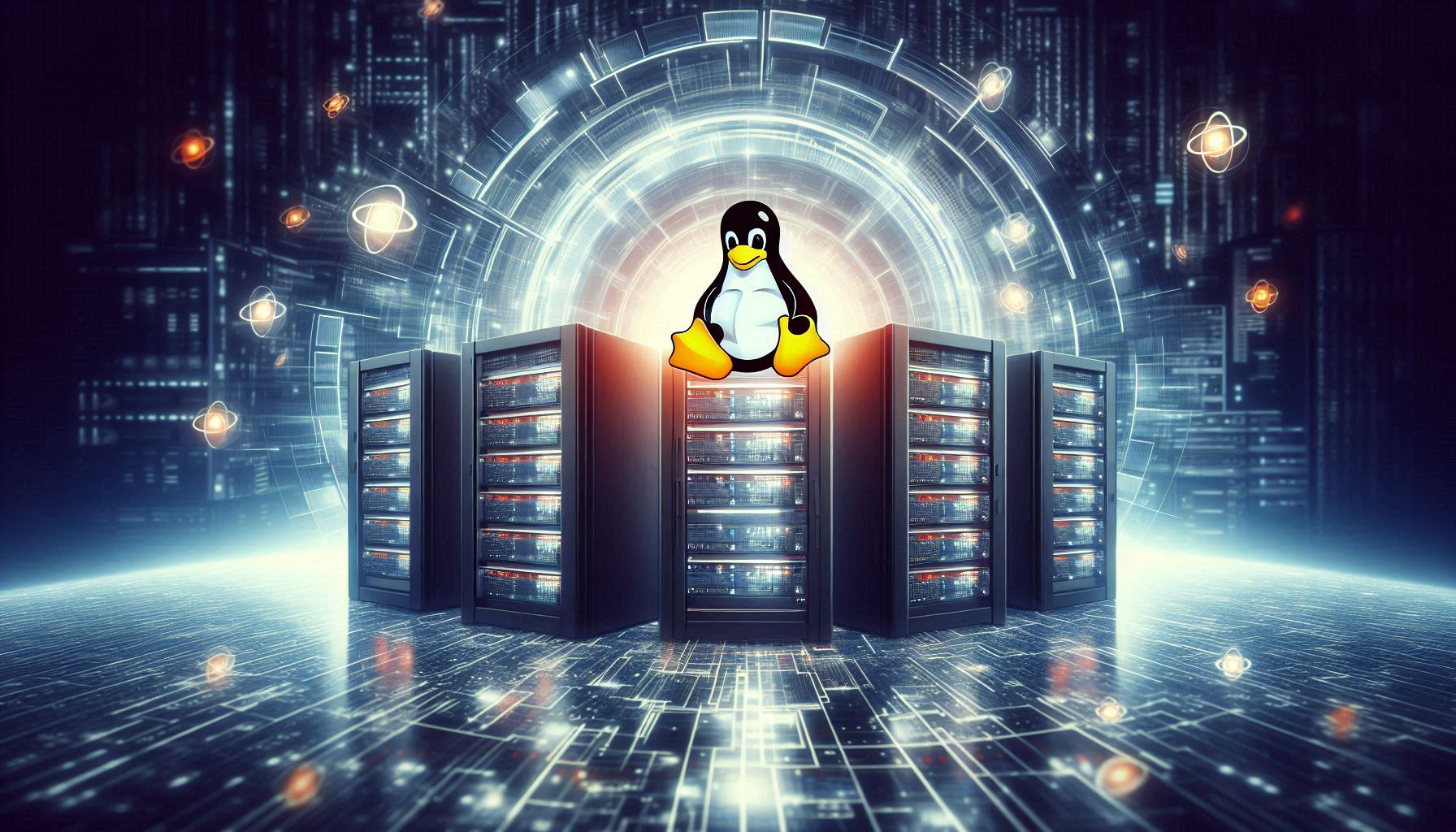 Illustration eines Linux Server Hostings mit Pinguin